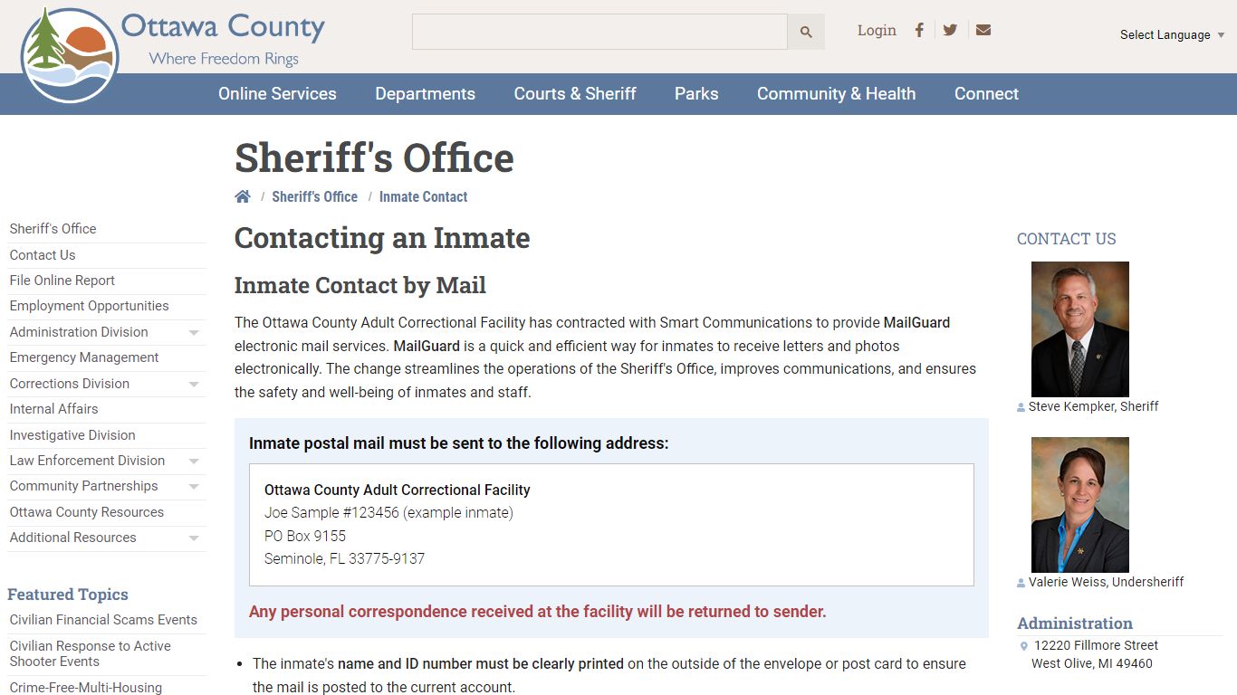 Inmate Contact - Ottawa County, Michigan